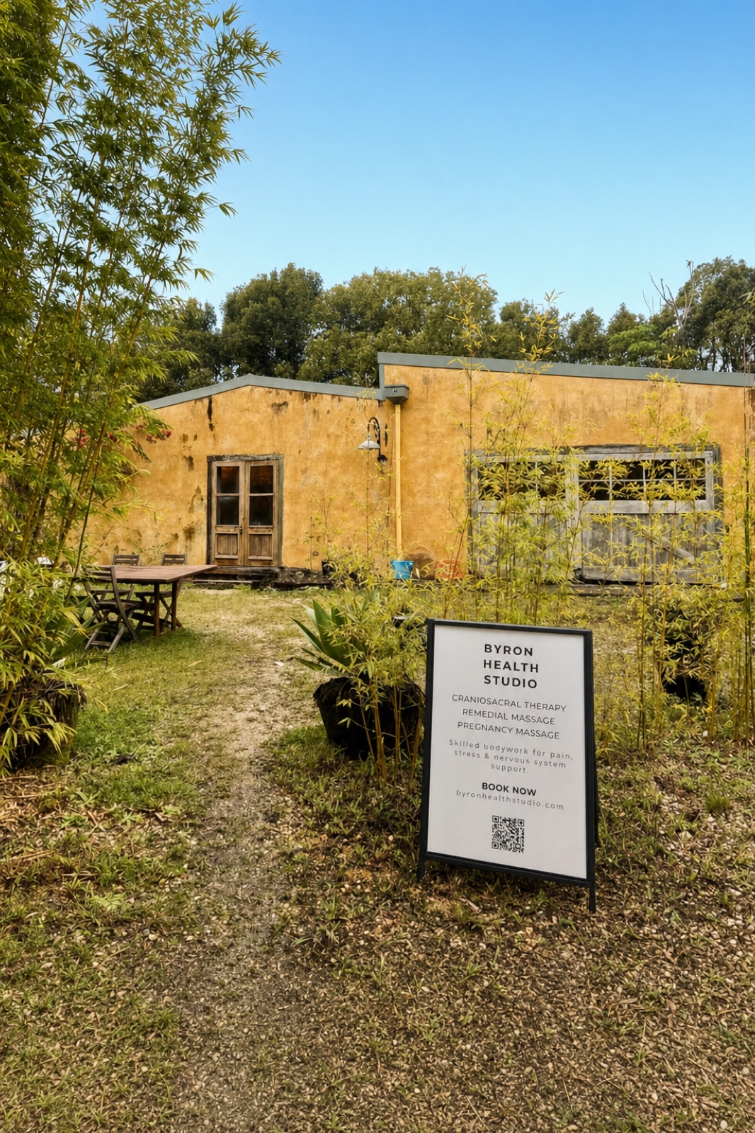 Byron Health Studio exterior among bamboo and gardens
